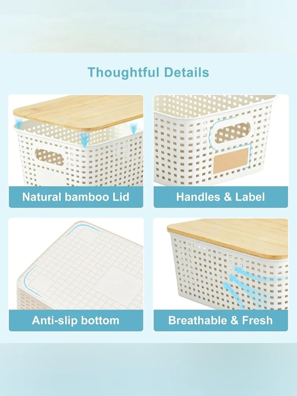 Multi-Size White and Natural Bamboo Lidded Storage Baskets